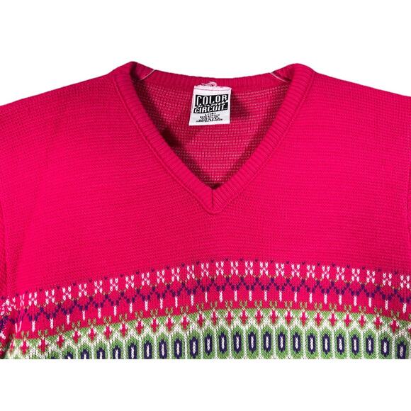 Vtg 90s Girls Ski Sweater Bright Pink Purple Green Geometric Fair Isle L USA - Picture 2 of 9